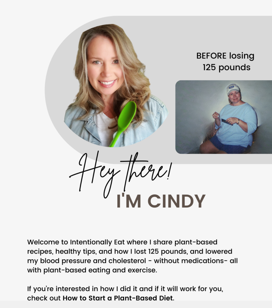 About section for Cindy Newland from Intentionally Eat teaching healthy living through a plant-based diet and exercise.