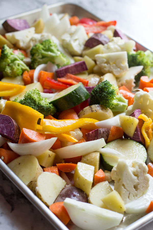 image of Roasted Vegetable Meal Prep by Intentionally Eat with Cindy Newland on a cookie sheet