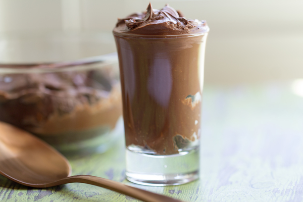 image of Mexican Chocolate Dairy Free Pots de Creme by Cindy Newland with Intentionally Eat in a shot glass with a gold spoon