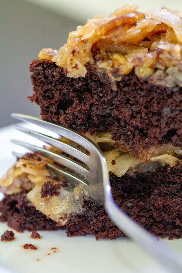 image of vegan german chocolate cake rich and easy by intentionally eat with cindy newland on a white plate with a fork