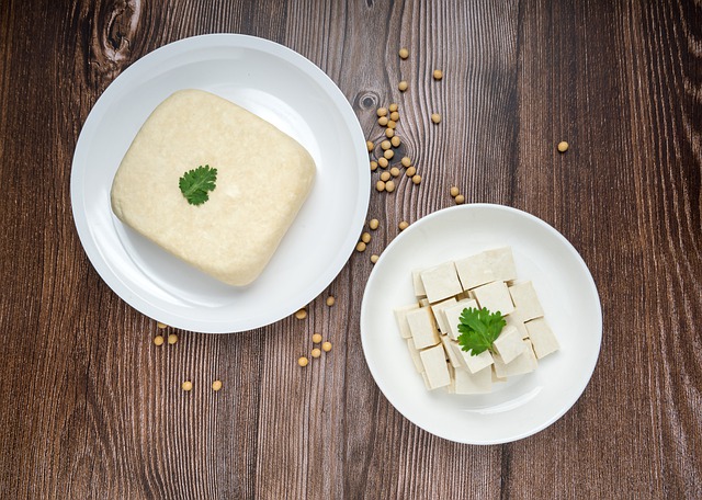 image of two plates of tofu, one a solid block and one is cubed
