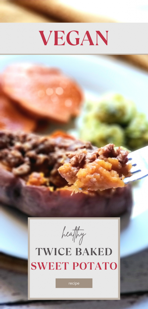 image of pin for healthy twice baked sweet potatoes with a fork holding sweet potatoes