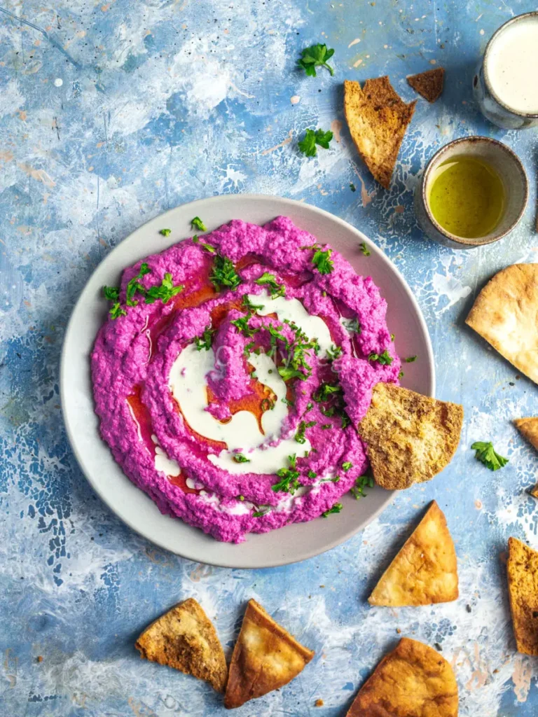beetroot hummus in a bowl for an alkaline diet meal plan recipes