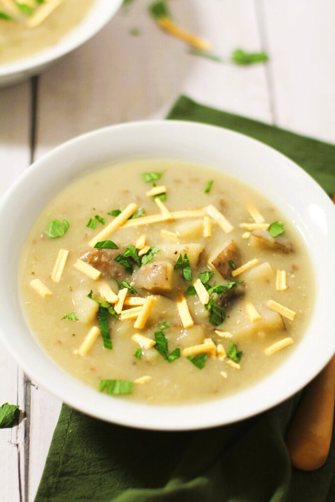 vegan potato soup in bowls