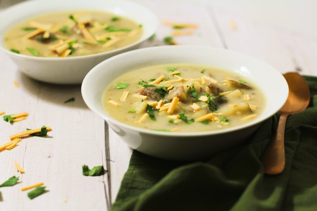 vegan potato soup with toppings