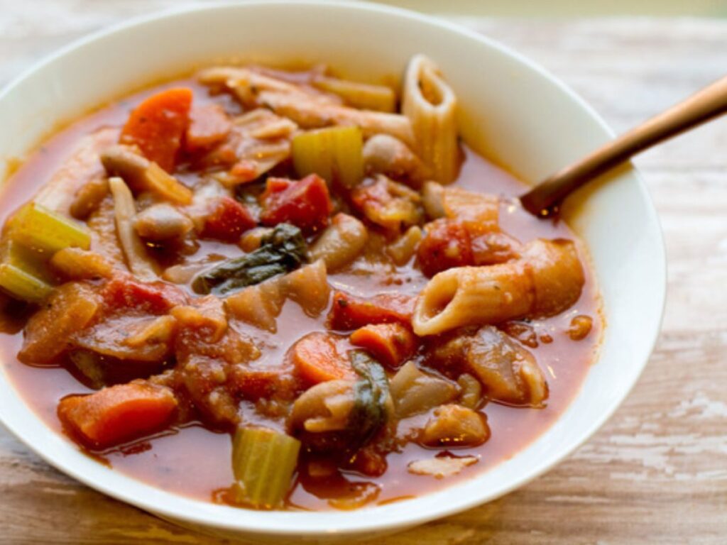 vegan bean soup in a white bowl