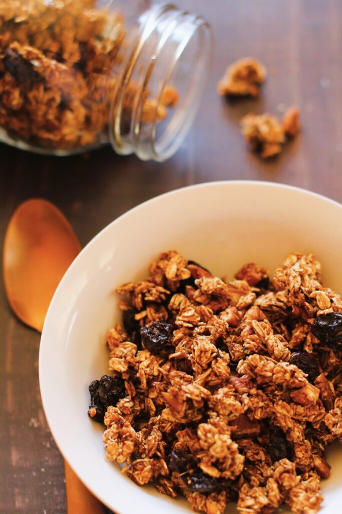 plant based granola in a white bowl