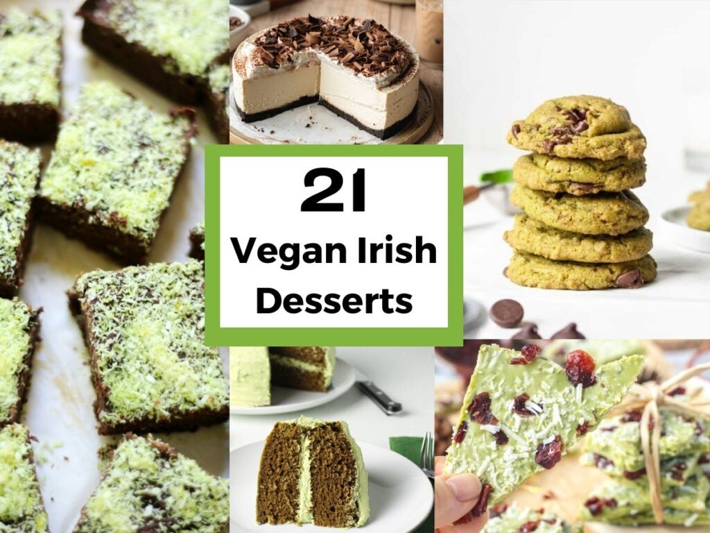 vegan Irish desserts like matcha brownies, cake, cookies and cheesecake