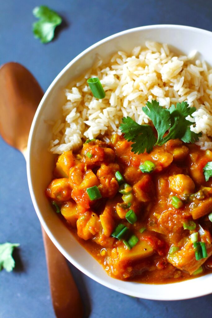 vegan curry in a bowl with rice