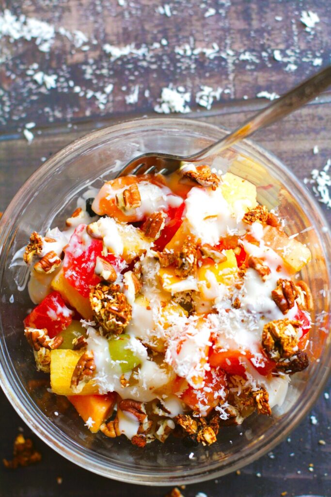 mexican fruit bowls with dairy free cream sauce and granola