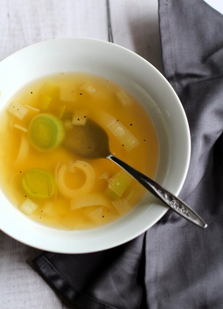 leek soup in a white bowl