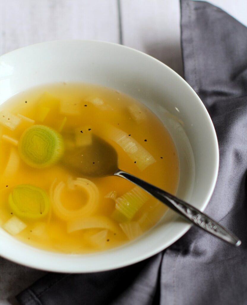 leek soup in a white bowl