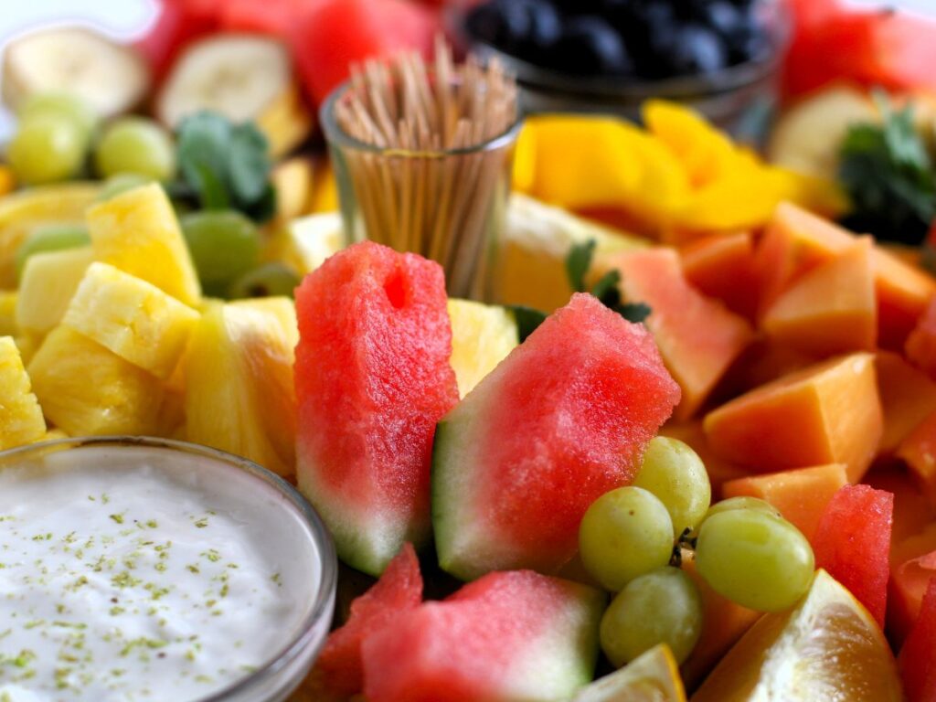 fruit platter with a creamy fruit dip