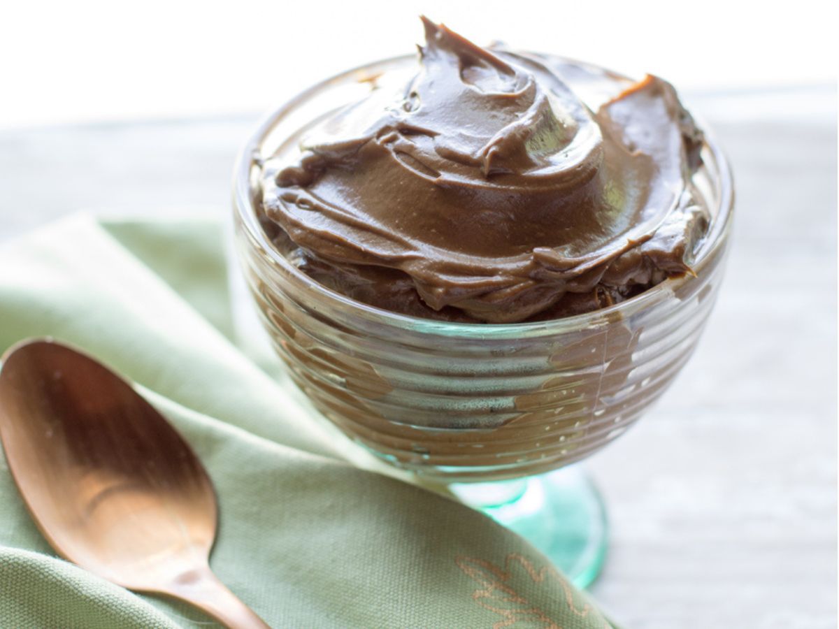 chocolate avocado pudding in a glass dish