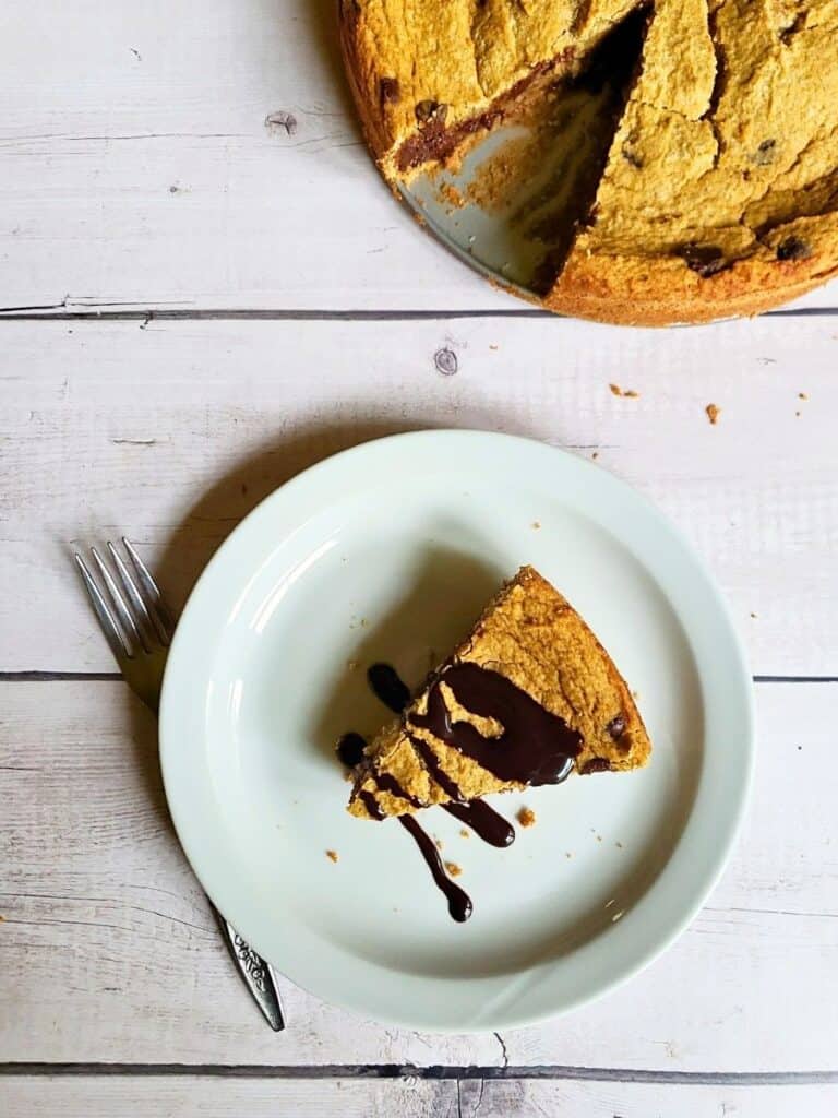 chocolate chip cookie pie slice on a plate