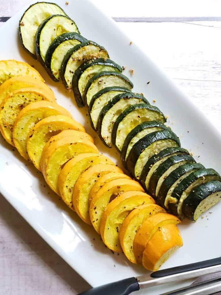 roasted zucchini and squash on a white platter
