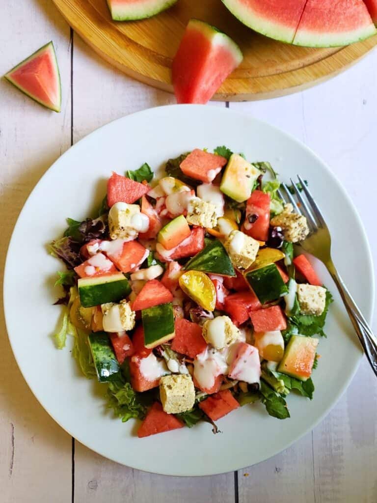 vegan feta cheese on a watermelon salad