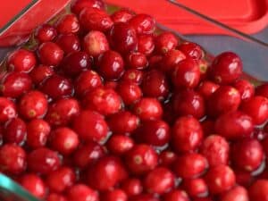 cranberries soaking in a glass ditch
