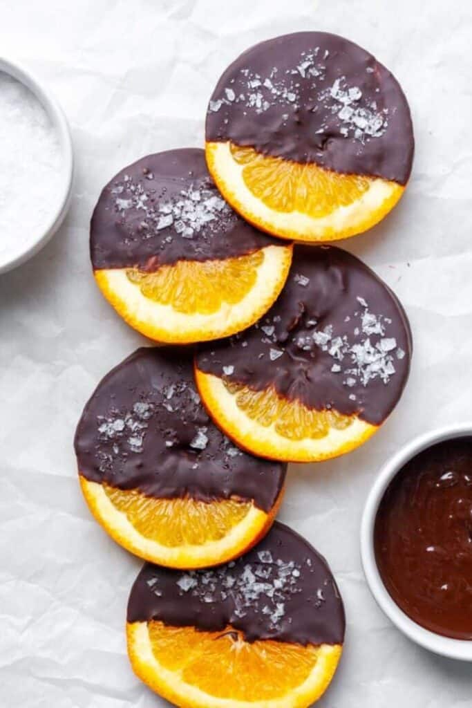 chocolate dipped oranges with sea salt as low carb fruit snacks