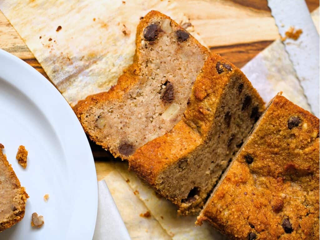 slices of keto banana bread on a cutting board