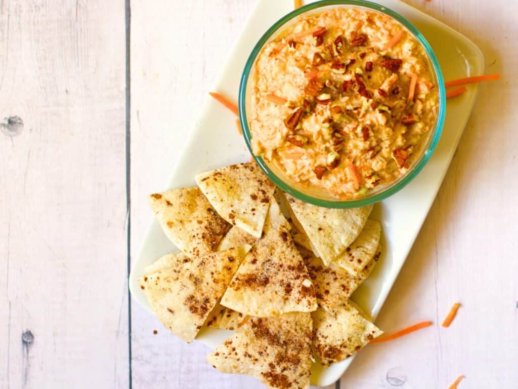 carrot cake vegan dip with cinnamon tortilla chips