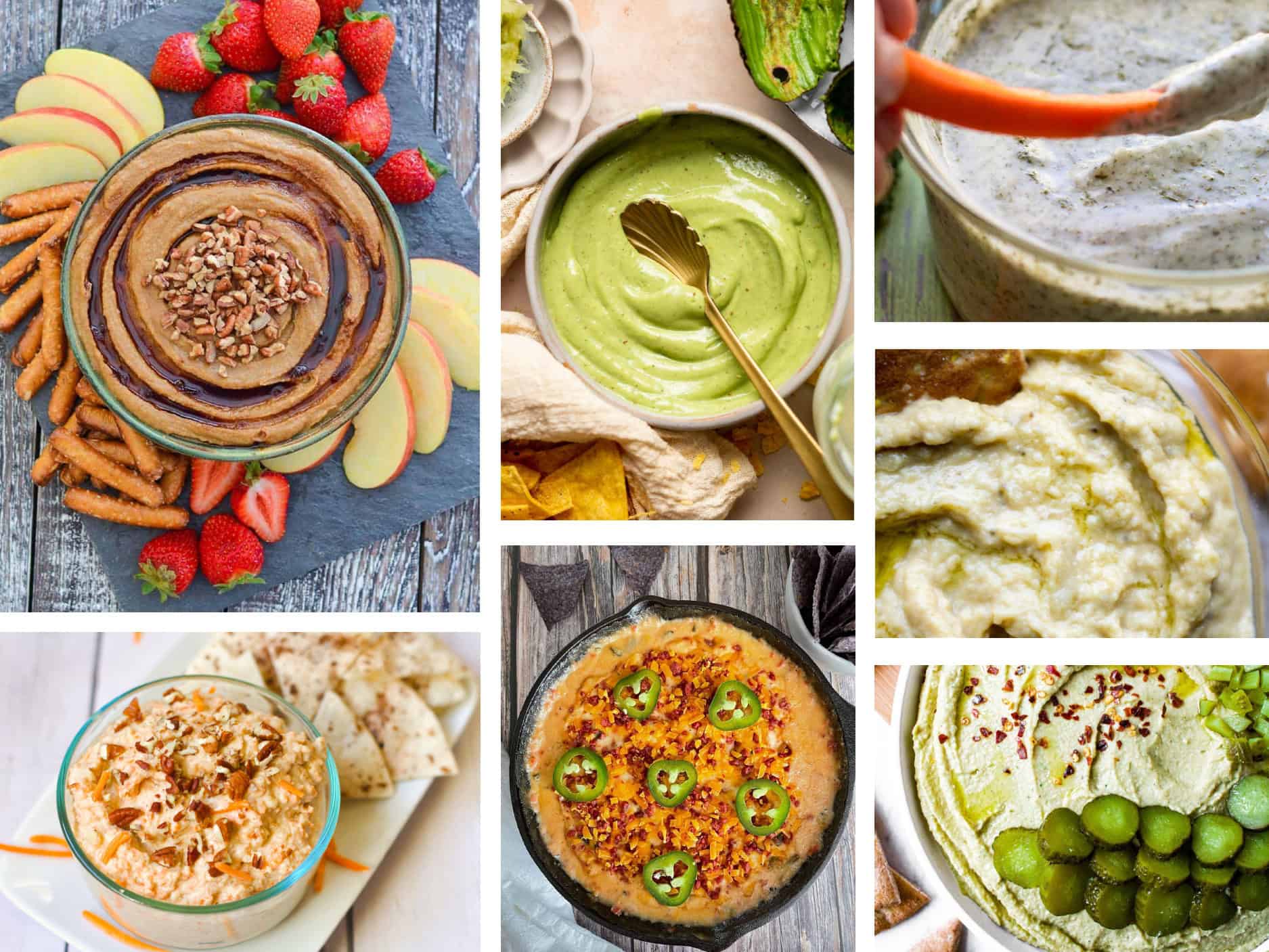 images of 7 different dairy free dips