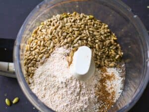homemade protein powder ingredients in a food processor