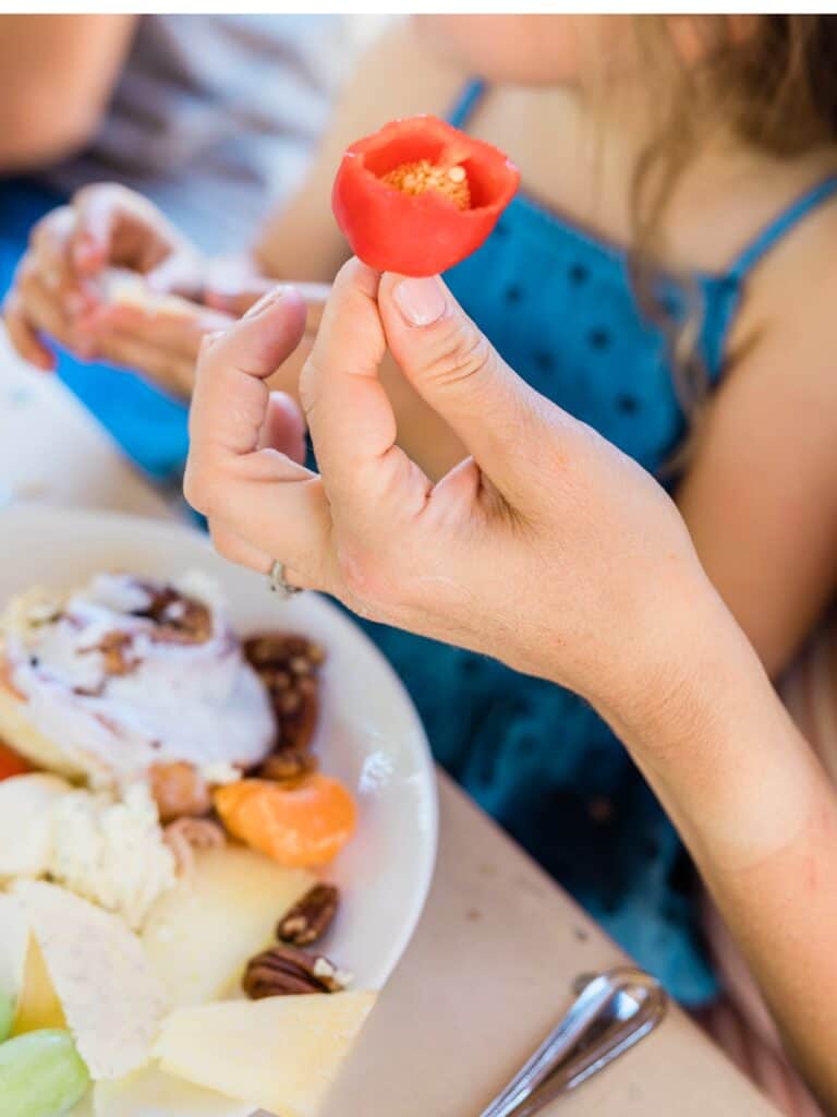 a hand holding a half eaten pepper on a picnic