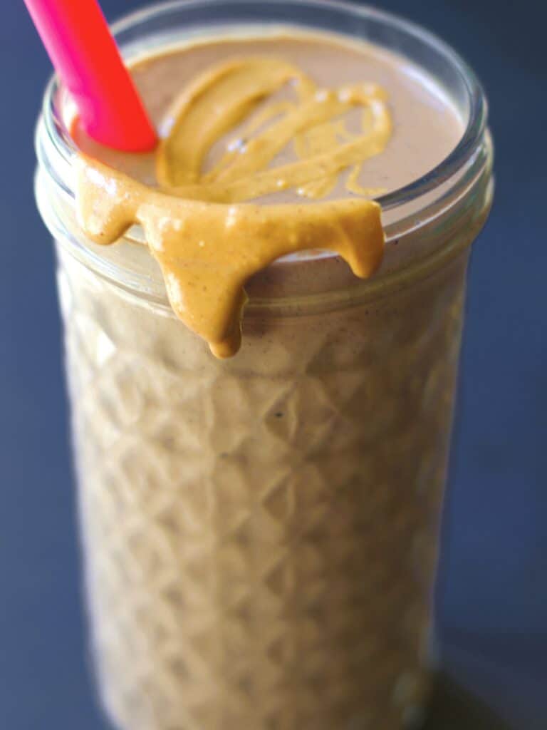 chocolate protein shake with peanut butter drizzle