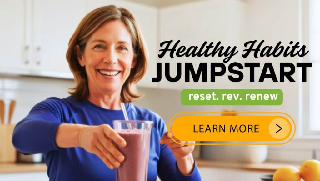 a woman holding a smoothie for the healthy habits jumpstart