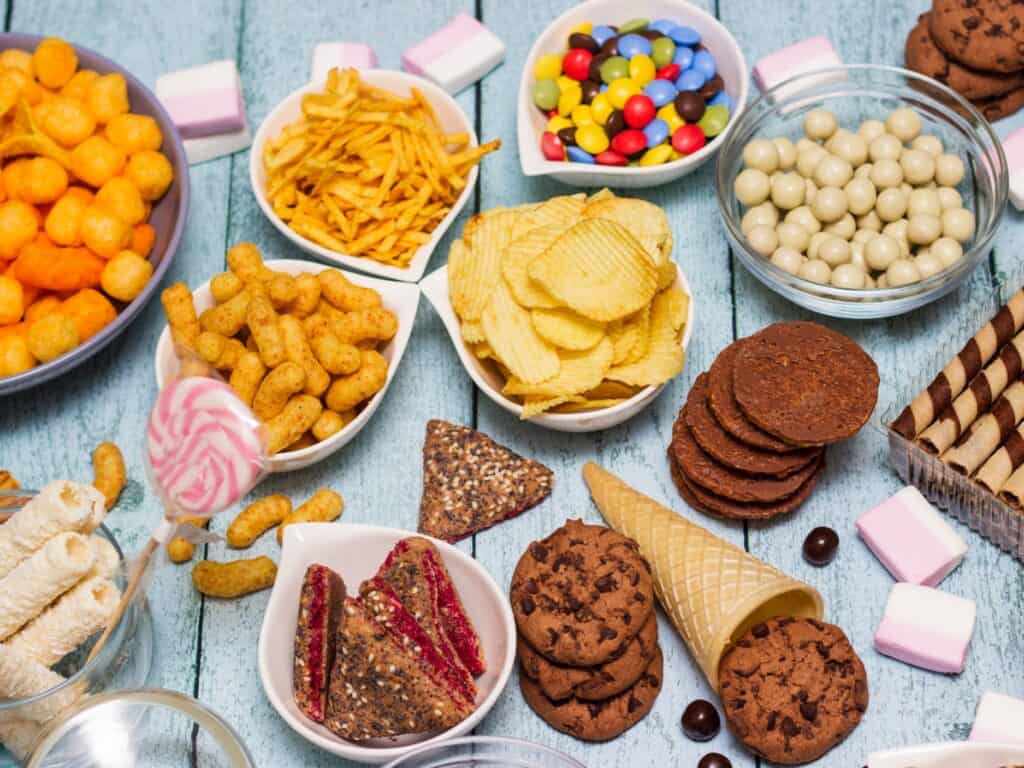 a table full of processed snacks