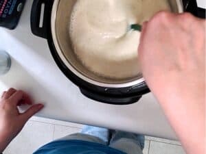 a hand stirring the yogurt mixture in an instant pot