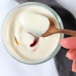 a hand holding a spoonful of vegan yogurt