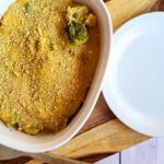 low carb brussels sprouts casserole in a white dish