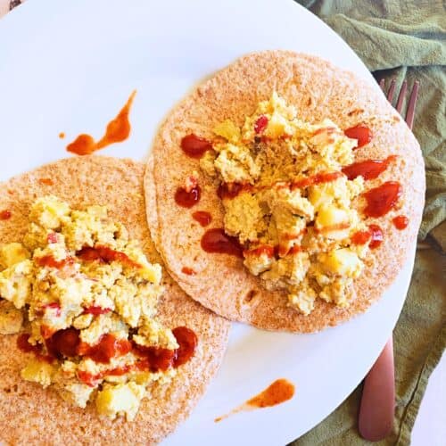 plant based breakfast casserole on top of whole wheat tortillas