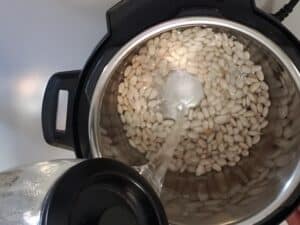 water pouring over white beans in an instant pot